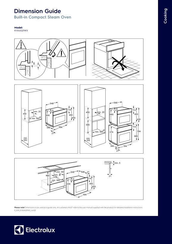 Electrolux 60cm UltimateTaste 900 Built-In Sous Vide Steam Oven KVAAS21WX Size Guide - Page 1