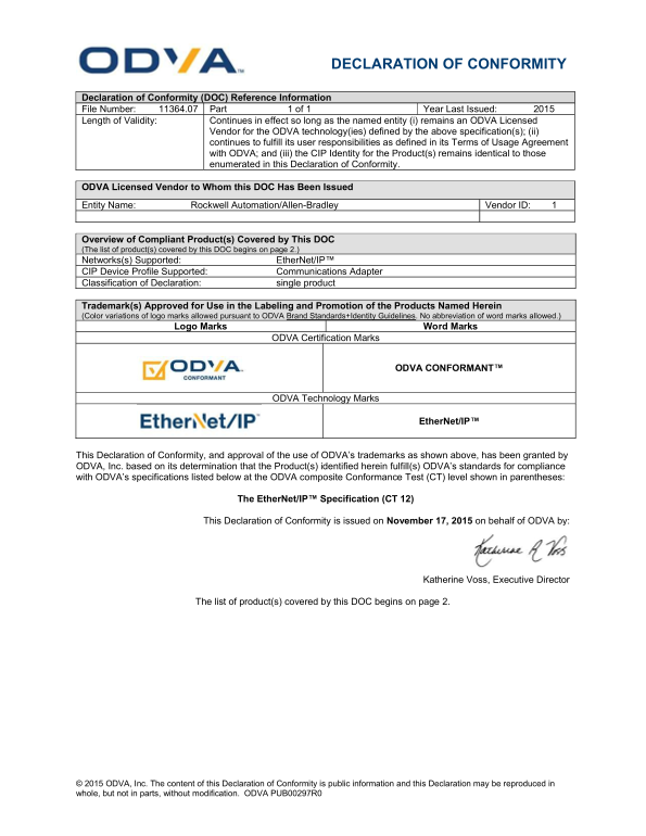 Rockwell Automation 5069- AEN2TR User's Manual - ODVA Certificate - Page 1