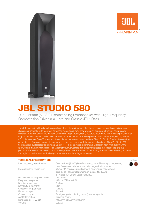 Studio 580 Dual 6-1 2-Inch (165mm) Floor-Standing Speakers with Two JBL Classic Woofers and a Horn-Loaded High-Frequency Compression Driver Configuration Guide - Page 1