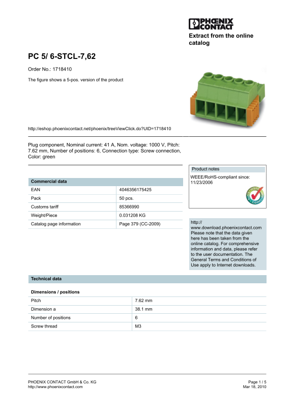 Phoenix Contact PC 5 6-STCL-7,62 Data Sheet Manual - Page 1