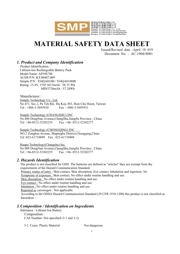 Acer ConceptD CN517-71P Battery MSDS UN383 CNAS COO for air transportation User Manual (1) - Page 1