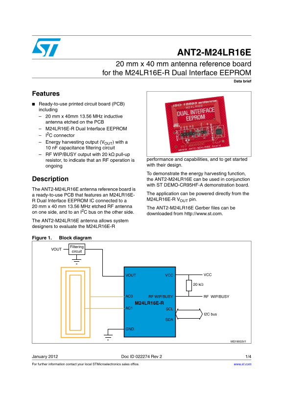 ST ANT2-20mm x 40mm M24LR16E-RO R Dual Interface EEPROM Antenna Reference Board - Page 1