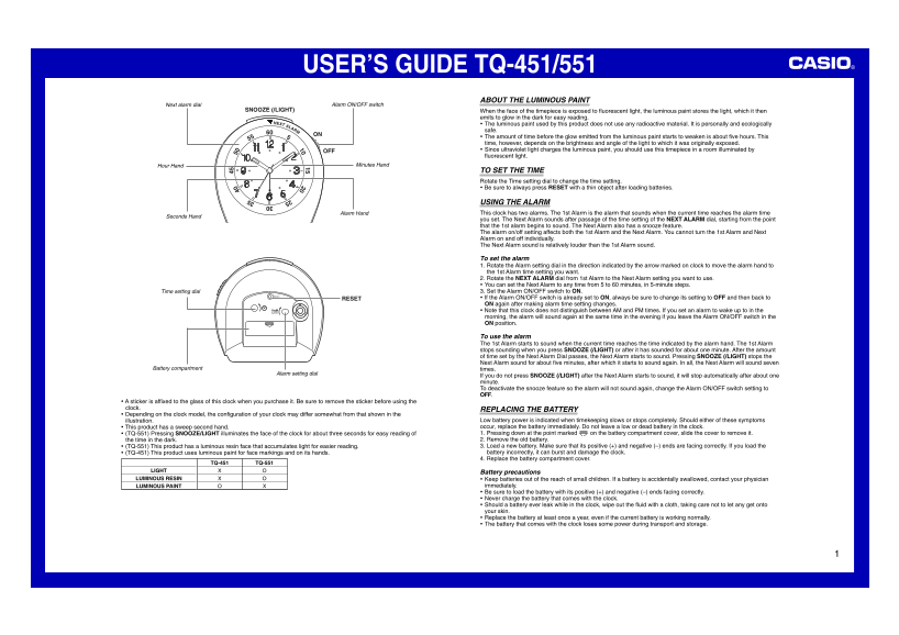Casio TQ-451 551 Operation Guide - Page 1