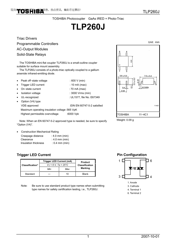 Toshiba Photocoupler GaAs IRED & Photo-TRiac TLP260J Owner's Manual & User Guide - Page 1