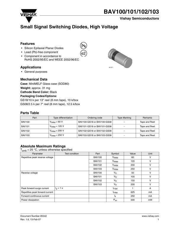 Vishay Bav100 101 102 103 Data Sheet User Guide - Page 1