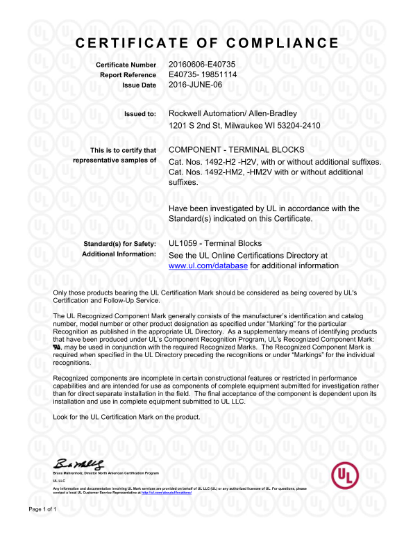 Rockwell Automation 1492- H2, -H2V, -HM2, and -HM2V Terminal Blocks - UL CoC User Manual / Specification Guide - Page 1