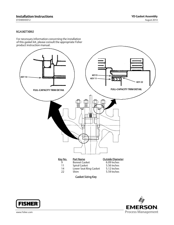 EMERSON Installation Instructions RGASKETXB92 Fisher - Page 1