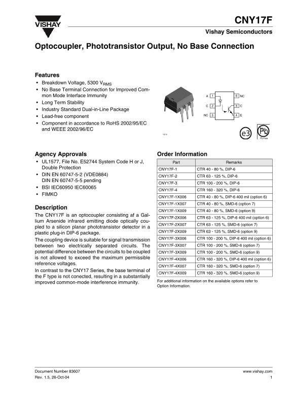Vishay CNY17F Specifications and User Guide - Page 1