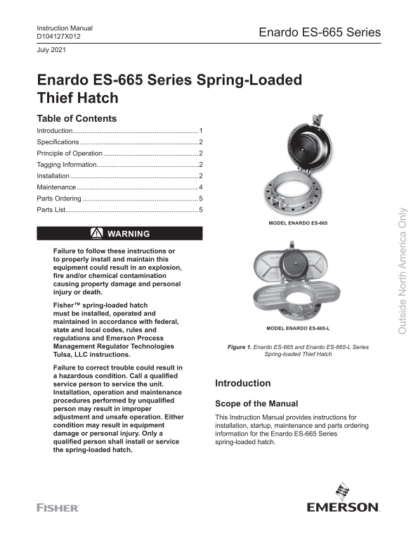 EMERSON Enardo ES-665 Series Spring-Loaded Thief Hatch Instruction Manual, Fisher-EN - Page 1