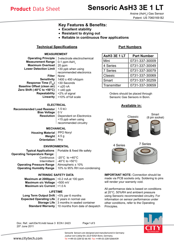 Honeywell Citytech AsH3 3E 1 LT Sensor Datasheet - Page 1