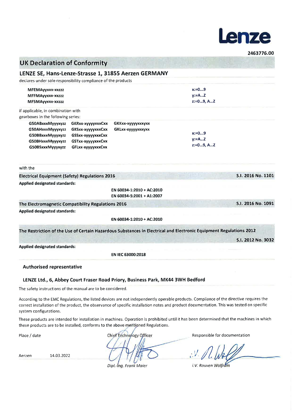 Lenze Motors-ACMx Three-Phase AC Motors MF Three-Phase AC Motors Certification and Declaration UKCA Motor_MFxMA_with_gearbox (Language EN) - Page 1