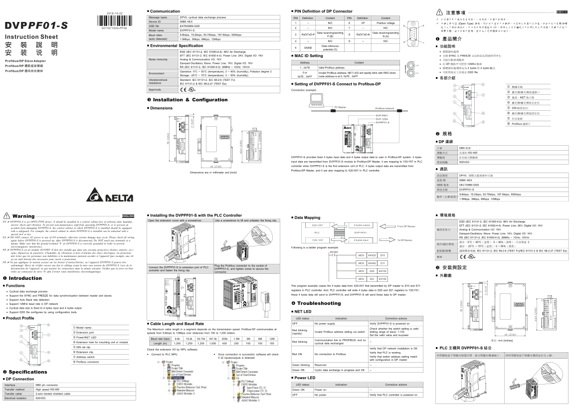 Delta Industrial Automation PLC Programmable Controller DVPPF01-S PROFIBUS-DP Slave Communication Module Installation Manual - Page 1