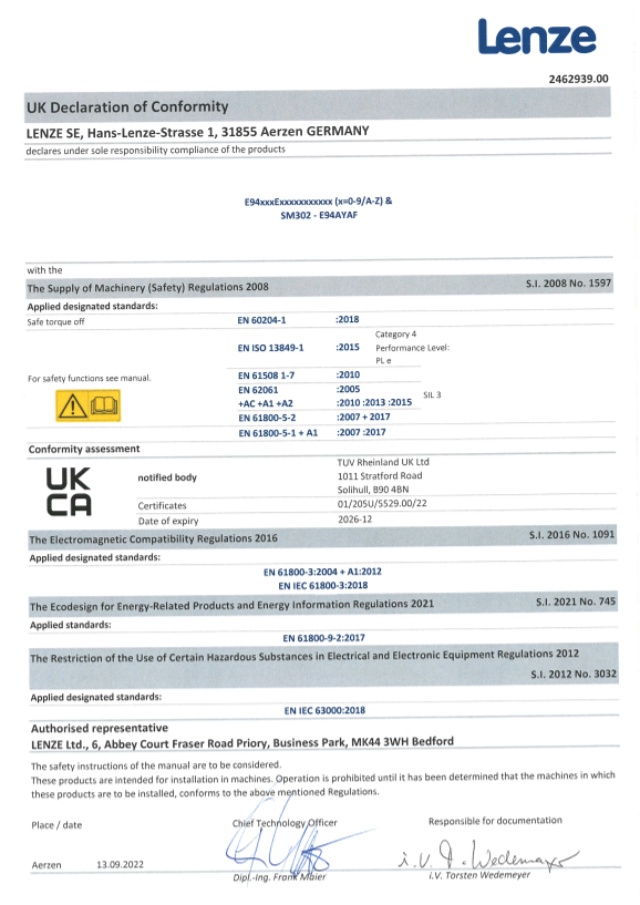 Lenze Inverters-Servo Inverters 9400 HighLine Servo Inverters Certification and Declaration UKCA Safety_9400_SM302 (Language EN) - Page 1