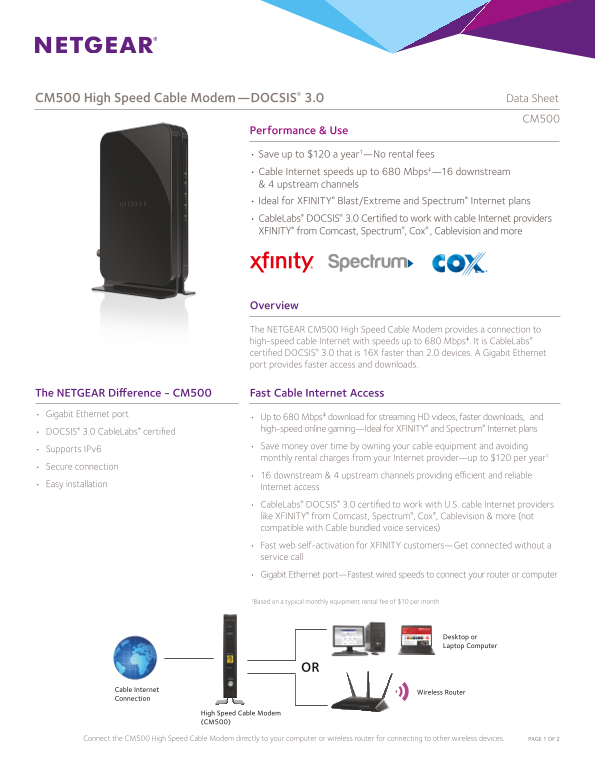 Netgear CM500 - High Speed Cable Modem - DOCSIS 3.0 Product Data Sheet - Page 1