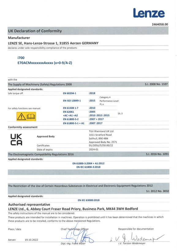 Lenze Inverters-Servo Invertersi700 Servo Inverters I700 Axis Module E70ACM Certification and Declaration UKCA Safety_i700_BS (Language EN) - Page 1