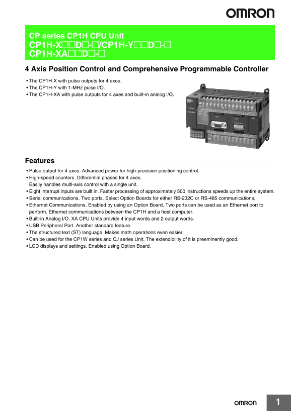 OMRON PLC Mechanical Controller IPC Multi-Axis Controller Touch Screen CP Series CP1H CPU Unit CP1H CP1H Data Sheet - Page 1