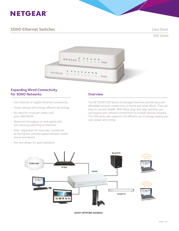 Netgear FS205 - 5 Port 10 100 Fast Ethernet Unmanaged Switch Product Data Sheet - Page 1