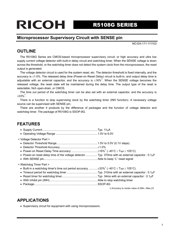 RICOH R5108G SERIES Microprocessor Supervisory Circuit with SENSE pin User's Manual Data Sheet - Page 1