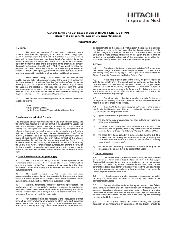ABB General Terms of Sale Equipment 2021 Hitachi Energy Final En.doc Manual - Page 1
