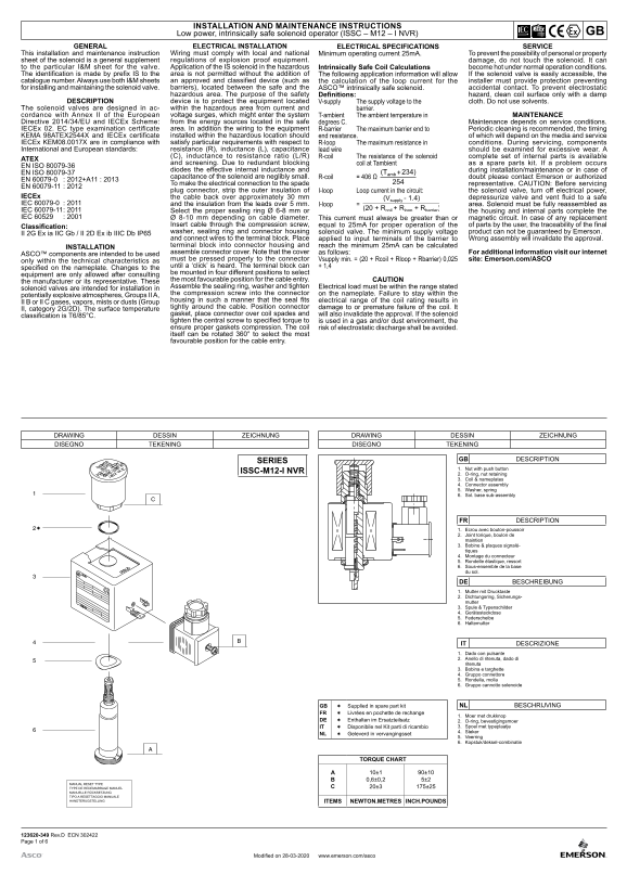 EMERSON European Instruction Manual Series ISSC Low Power Solenoid Operator M12 - Page 1