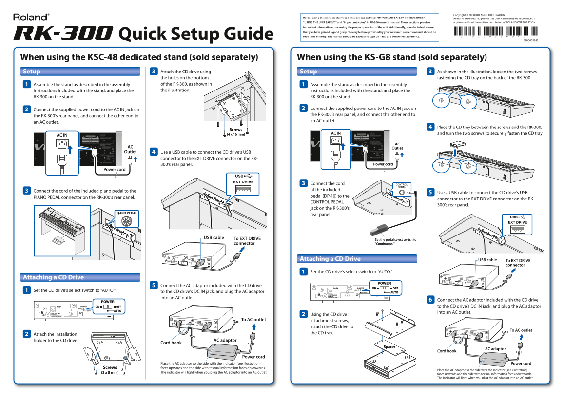 Roland RK-300 VIMA Recreational Keyboard Quick Start GuideUser Manual - Page 1