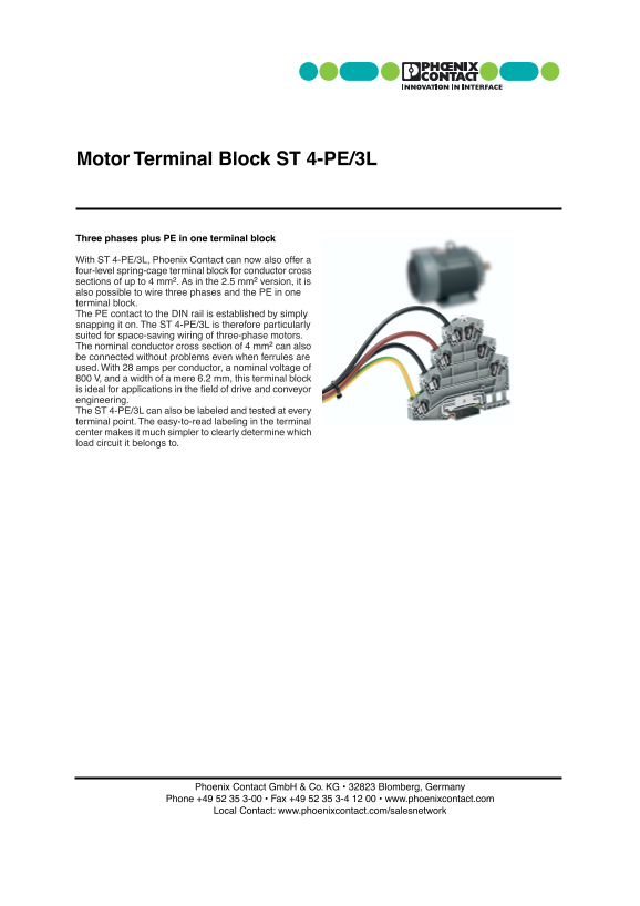 Phoenix Contact Motor Terminal Block ST 4-PE 3L Data Sheet / Manual - Page 1