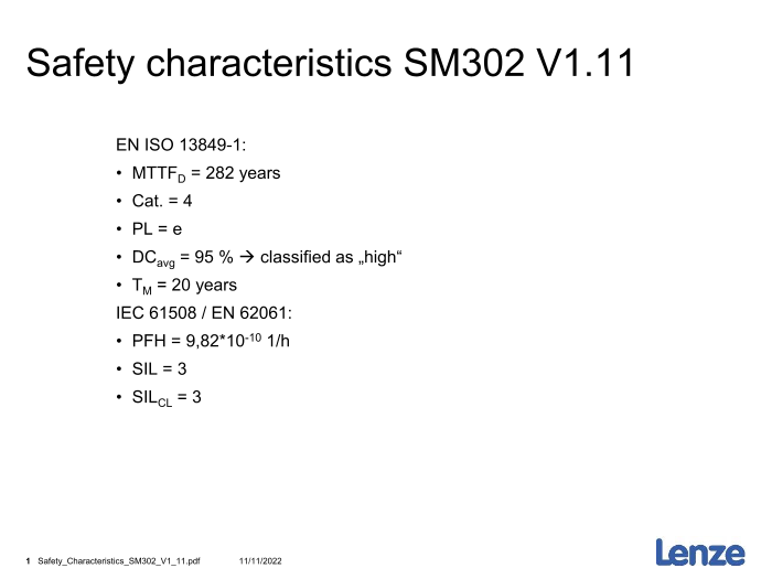 Lenze Inverters-Servo Inverters 9400 HighLine Servo Inverters Certificate Safety Engineering Characteristic Values SM302 - Page 1