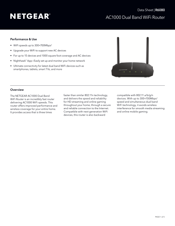 Netgear R6080 - AC1000 Dual Band WiFi Router Product Data Sheet - Page 1