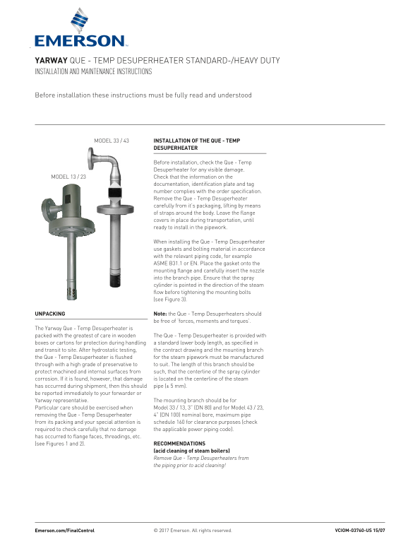 EMERSON Manual Std- Heavy Duty Que-Temp Desuperheater IOM US - Page 1
