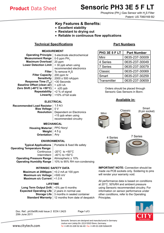 Honeywell Citytech PH3 3E 5 F LT Sensor Datasheet - Page 1