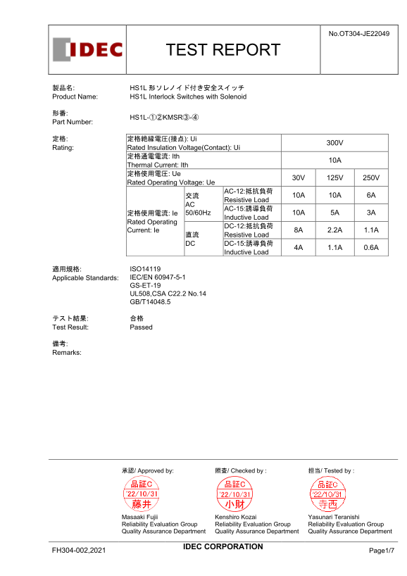 IDEC HS1L Test Report Technical Document - Page 1