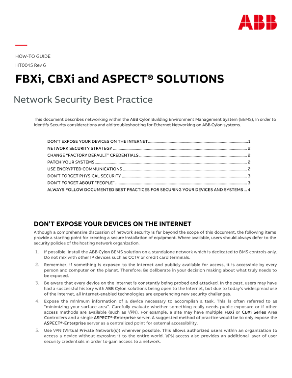 ABB FBXi, CBXi and ASPECT® Network Security Best Practice Application Note - Page 1