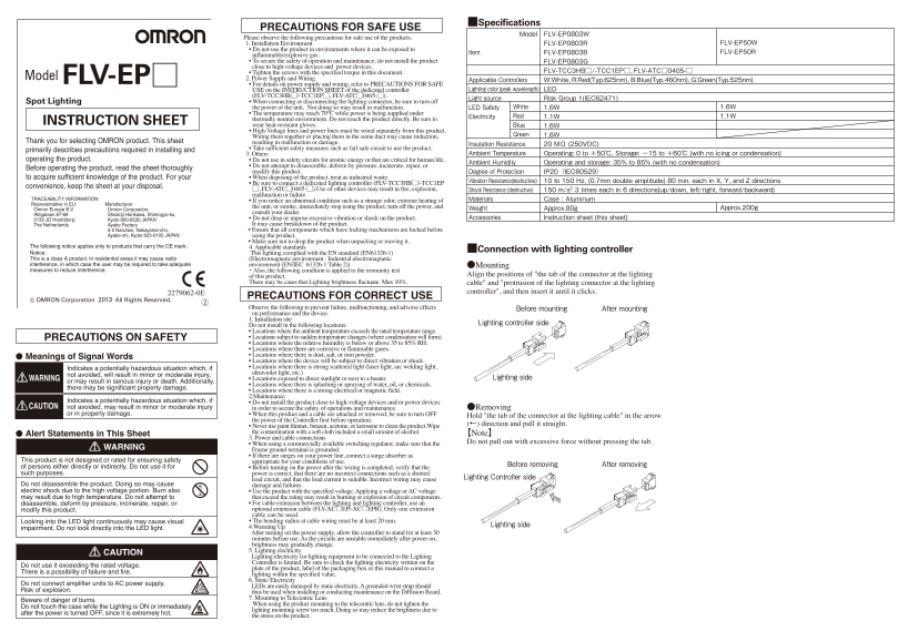 OMRON Image Processing System FZ5 Series FLV-EP[]Spot Lighting Instruction Sheet - Page 1
