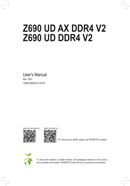 Gigabyte Motherboard Z690 UD AX DDR4 V2 User Manual (English, version 1001) (rev.1.0) - Page 1