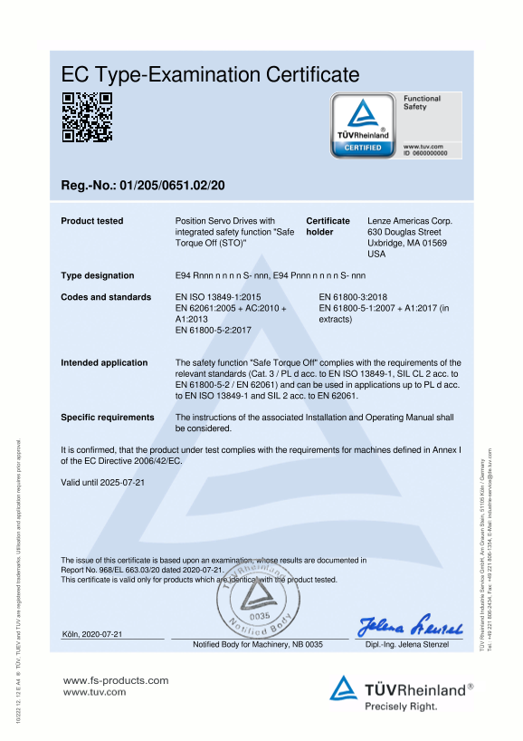 Lenze Inverters-Servo Inverters 940 PositionServo Servo Inverters Certificate Safety Engineering EC Type-Examination PositionServo 940 941_E94P E94S - Page 1