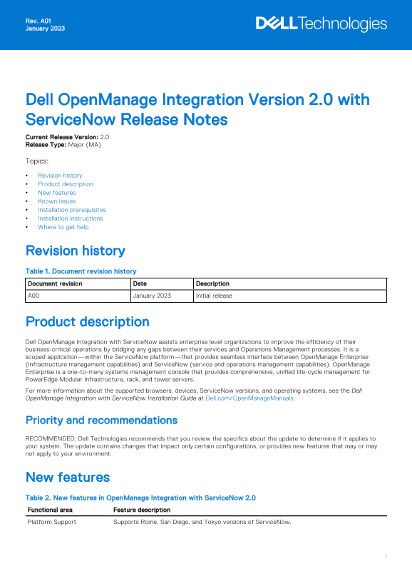 Dell OpenManage Integration Version 2.0 with ServiceNow Release Notes - Page 1