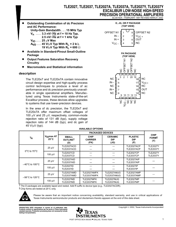 Texas Instruments TLE2027, TLE2037, TLE2027A, TLE2037A, TLE2027Y, TLE2037Y Data Sheet Manual - Page 1