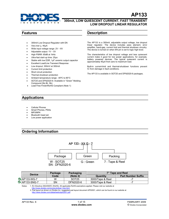 DIODES INC. - AP133 300mA Low Quiescent Current Fast Transient Low Dropout Linear Regulator Data Manual - Page 1