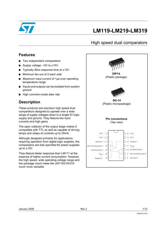 ST LM119-LM219-LM319 High Speed Dual Comparators Data Sheet User Manual - Page 1