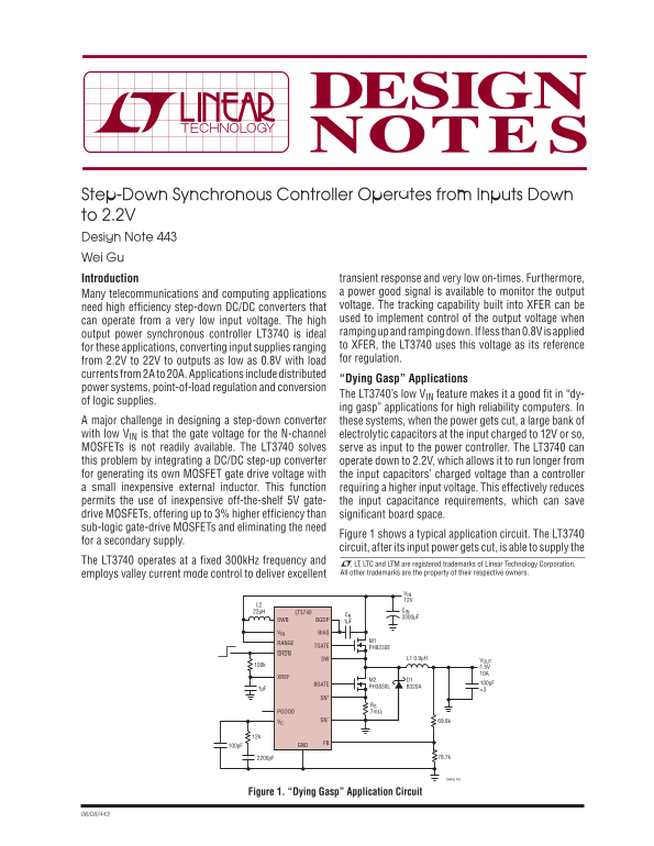 LINEAR Step-Down Synchronous Controller - Input to 2.2V Operation Design Note 443 by Wei Gu Owner's Manual & Specifications - Page 1