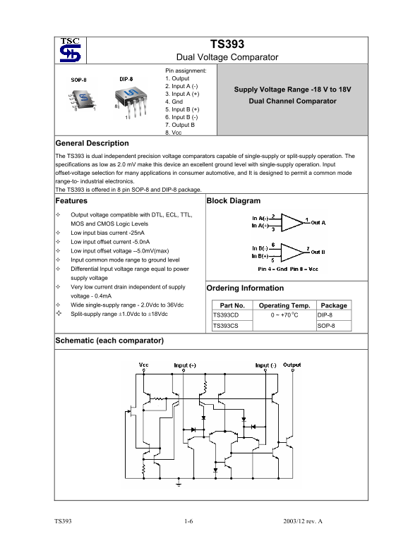 TSC TS393 Dual Voltage Comparator Data Handbook - Page 1
