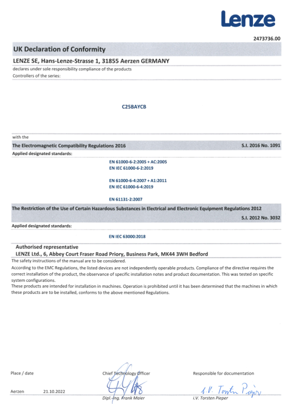 Lenze Safety-Components Safety Controllers Safety Controller C250-S UKCA Bus Coupler_C25BAYCB - Page 1