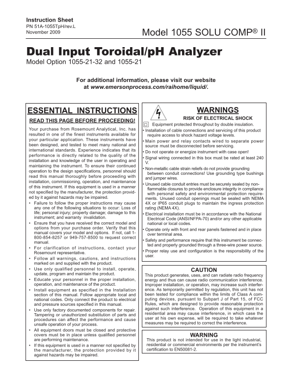 EMERSON Manual 1055-T-pH pH Toroidal Conductivity Analyzer Abridged Rosemount - Page 1