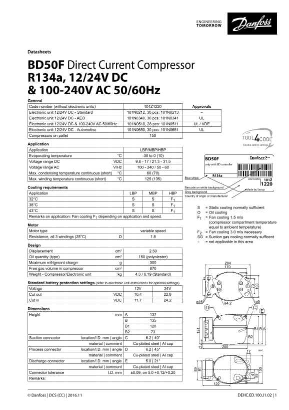 Danfoss BD50F Direct Current Compressor R134a, 12-24V DC & 100-240V AC 50 60Hz Data Sheet - Page 1