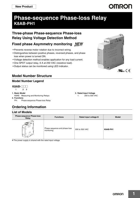 OMRON Power Other Measurement & Monitoring Relay K8AB Series K8AB-PH Data Sheet - Page 1