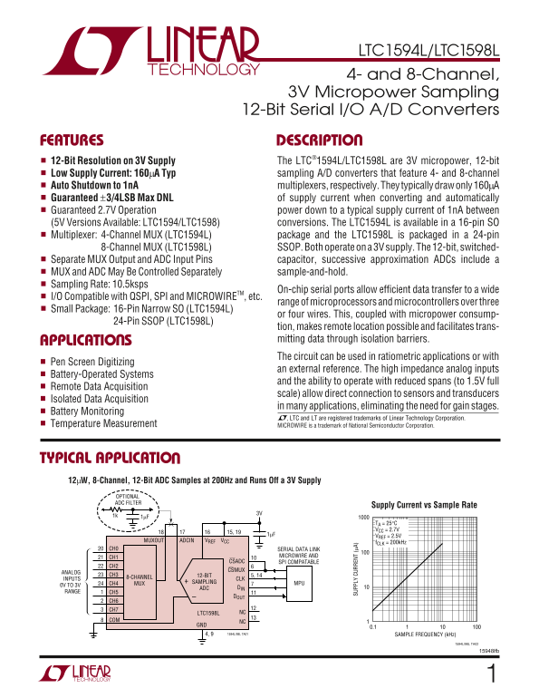 LINEAR TECHNOLOGY LTC1594L LTC1598L 4- and 8-Channel, 3V Micropower Sampling 12-Bit Serial I/O ADC Converters - Page 1
