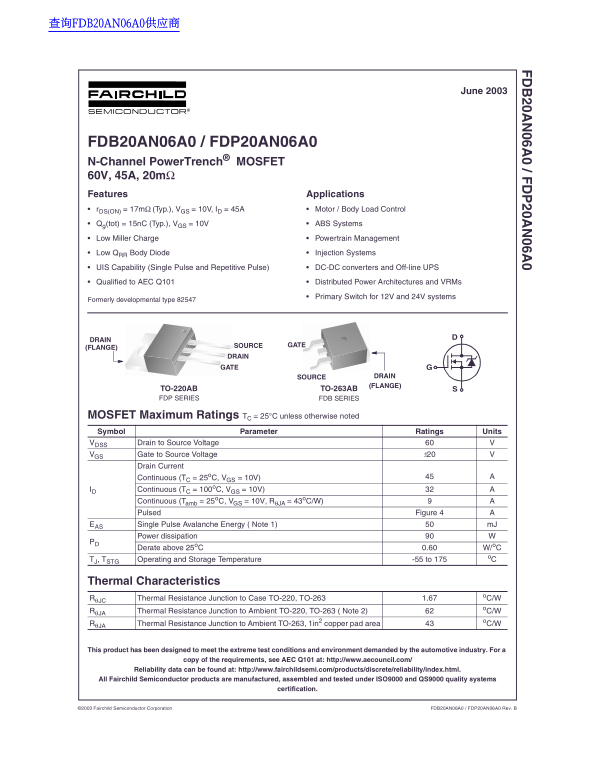Fairchild FDB20AN06A0 FDP20AN06A0 Data Handbook - Page 1