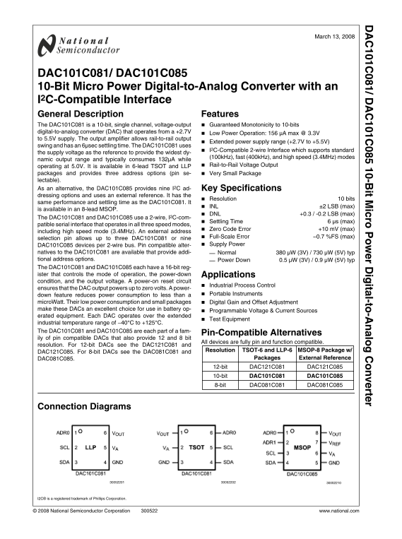 National Semiconductor DAC101C081/C085 10-Bit Micro Power Digital-to-Analog Converter Data Sheet Manual - Page 1