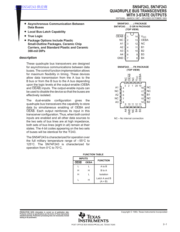 Texas Instruments SN54F243, SN74F243 Quadruple Bus Transceivers with 3-State Outputs - Page 1