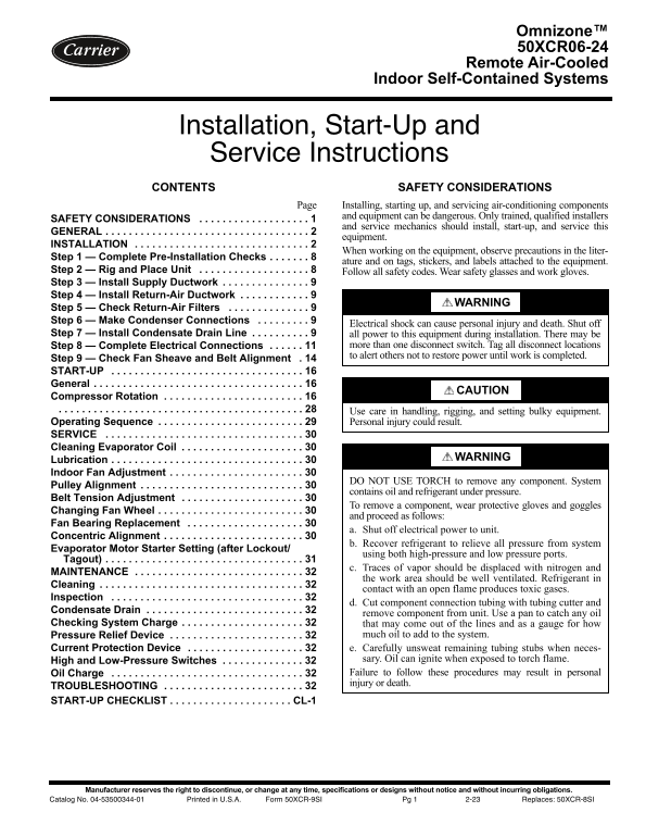 Carrier Omnizone™ Constant Volume Remote Air-Cooled Cooling Unit 50XCR 50XCR06-24 Omnizone™ Remote Air-Cooled Indoor Self-Contained Systems - Page 1